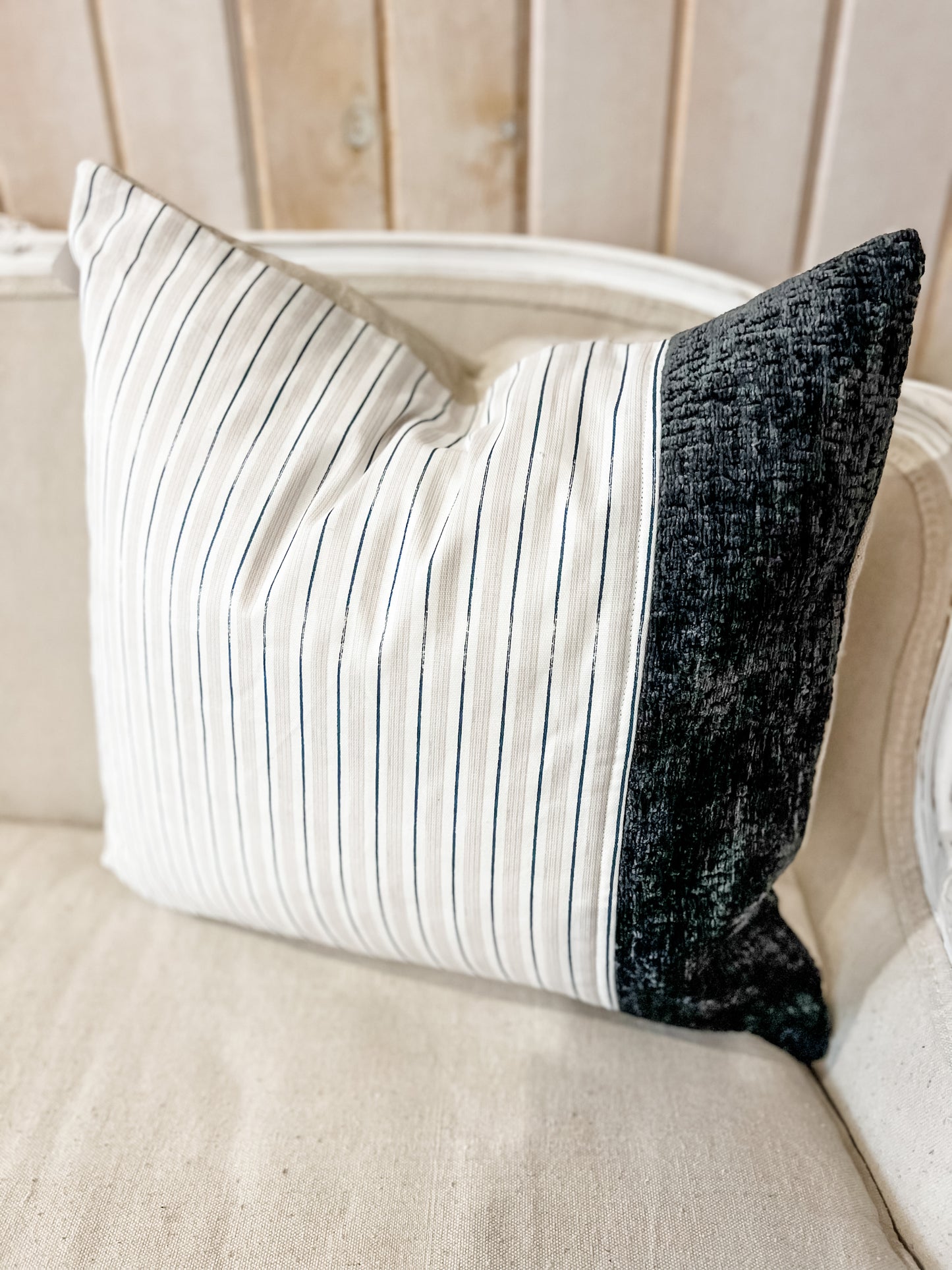 Navy and Tan Striped Throw Pillow with Charcoal Accent